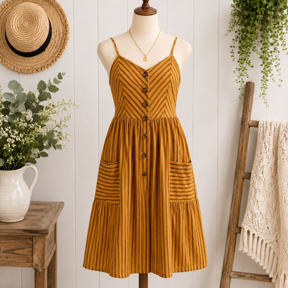 Japna Goldenrod Black Striped Cotton Sundress Size Large Button Front Pockets